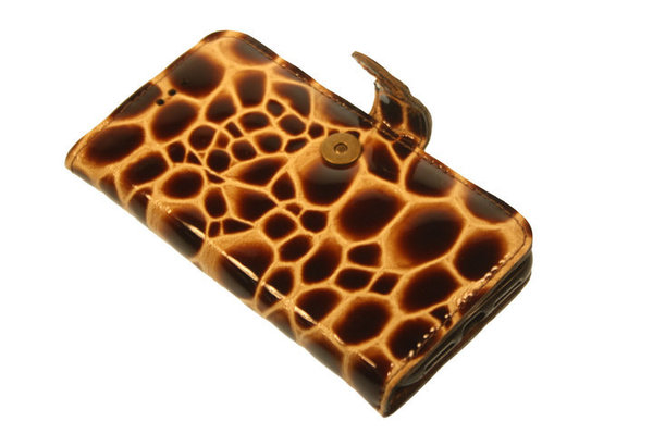 Hand made iPhone 12 book case Bruin giraffen stug lak print leer
