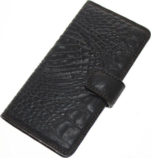 Hand made iPhone 12 book case zwart krokodillenprint robuuste