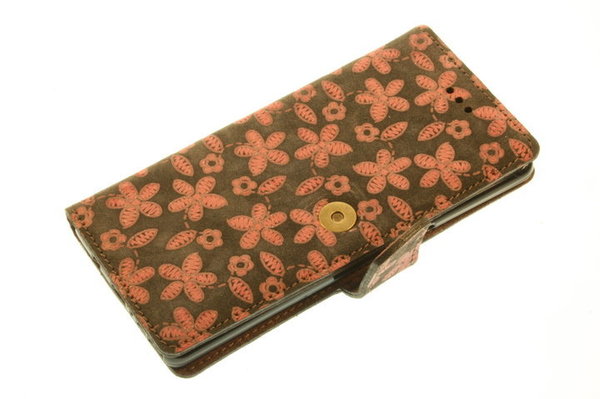 Hand made iPhone 12 mini Book case Grijs reliëf roze bloem leer