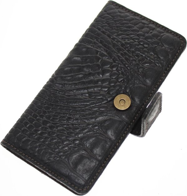 Hand made iPhone 12 mini book case zwart krokodillenprint robuuste