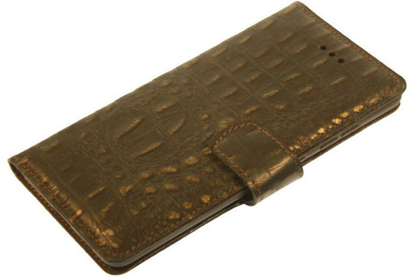 Hand made iPhone 11 book case Bruin Zwart goud Krokodillenprint leer