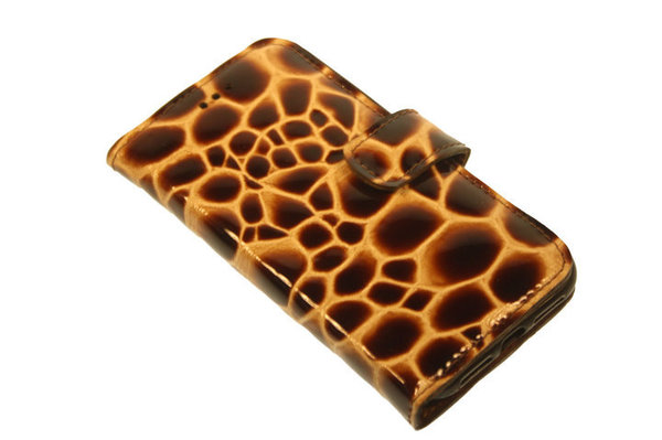 Hand made iPhone XR book case Bruin giraffen stug lak print leer