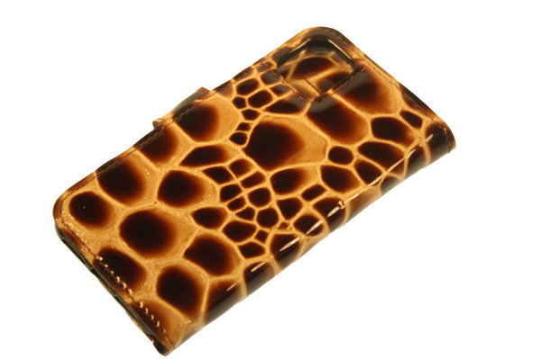 Hand made iPhone XS book case Bruin giraffen stug lak print leer