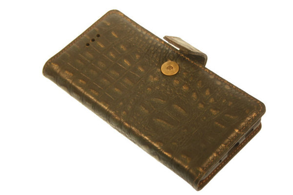 Hand made iPhone 7P/8P book case Bruin Zwart goud Krokodillenprint leer