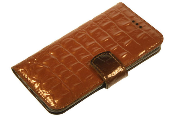 Hand made Samsung Galaxy S20 FE book case robuuste Lak Zwart Taupe krokodillenprint leer