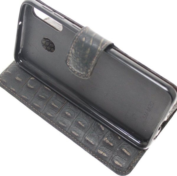 Hand made Samsung Galaxy S22 Ultra book case Bruin Zwart goud Krokodillenprint leer