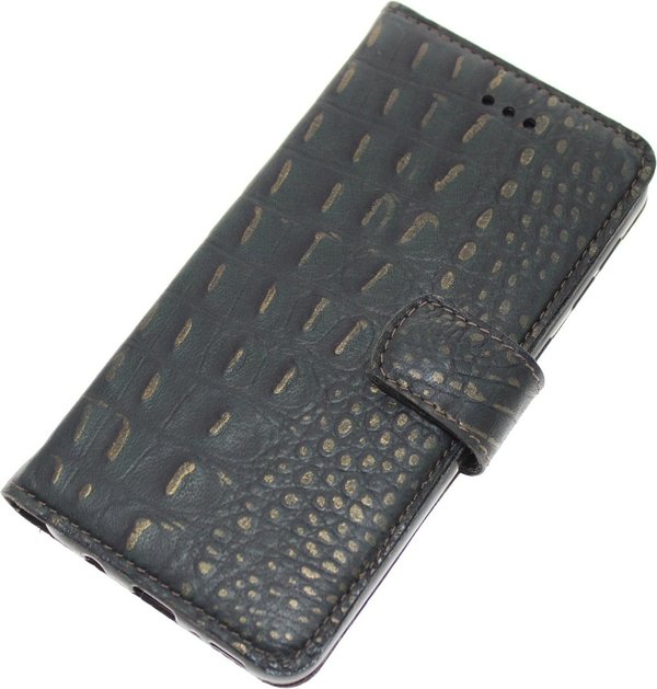Hand made iPhone 13 Pro Max book case Bruin Zwart goud Krokodillenprint leer