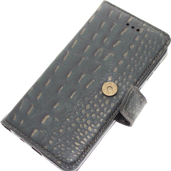 Hand made iPhone 13 mini book case Bruin Zwart goud Krokodillenprint leer