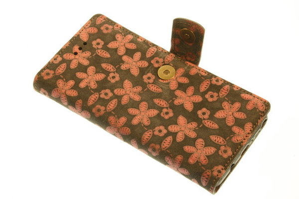 Hand made iPhone 13 mini Book case Grijs reliëf roze bloem leer