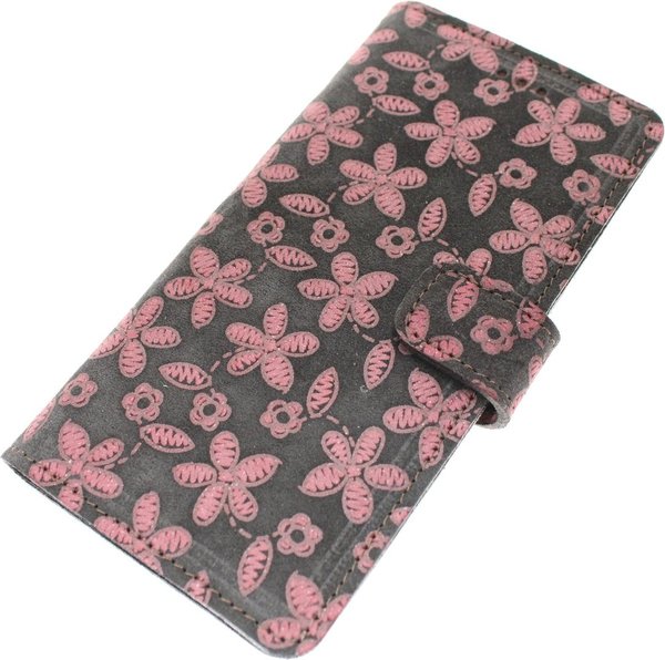 Made-NL iPhone 14 Pro Grijs reliëf roze bloem suede